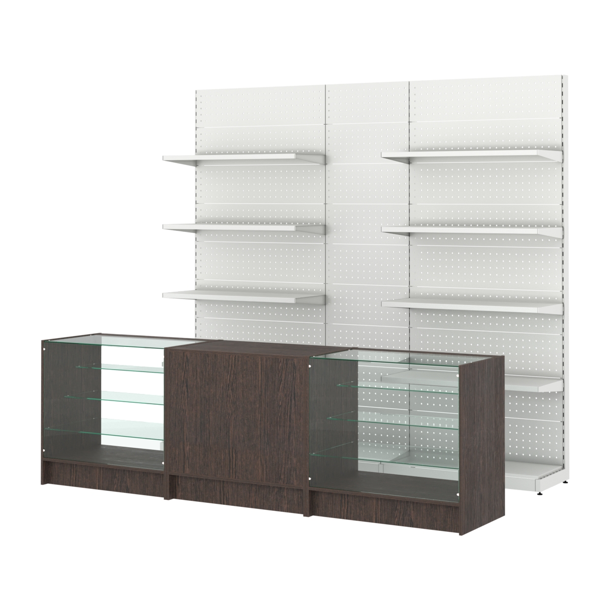 Комплект металлических стеллажей с полками и перфорацией и прилавков ЭК-4 Дуб Венге