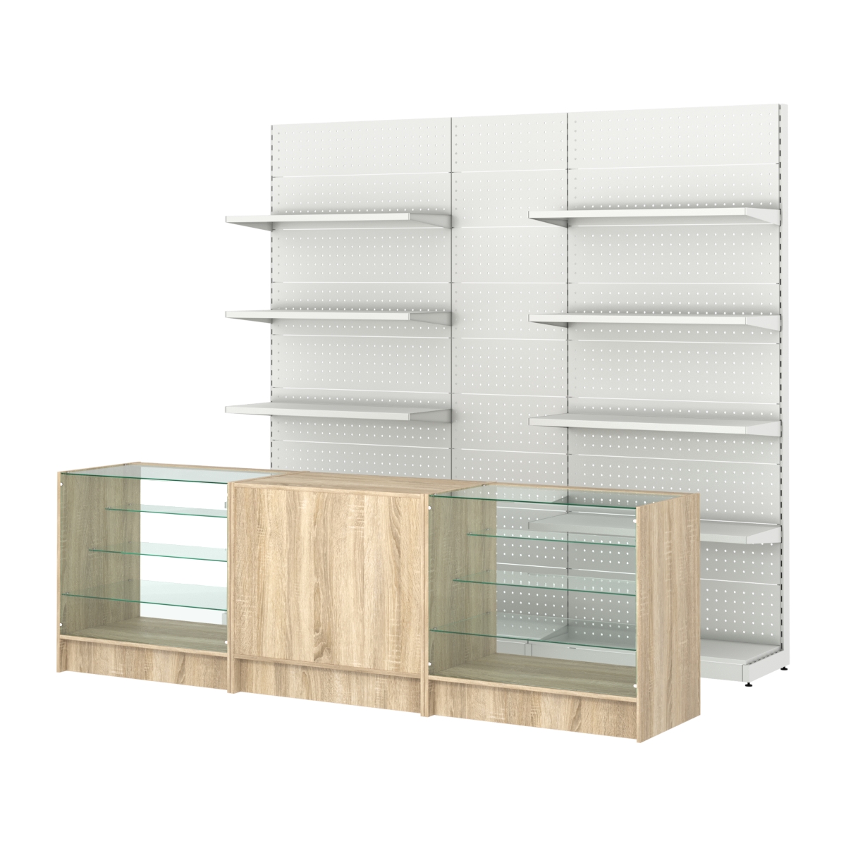 Комплект металлических стеллажей с полками и перфорацией и прилавков ЭК-4 Дуб сонома