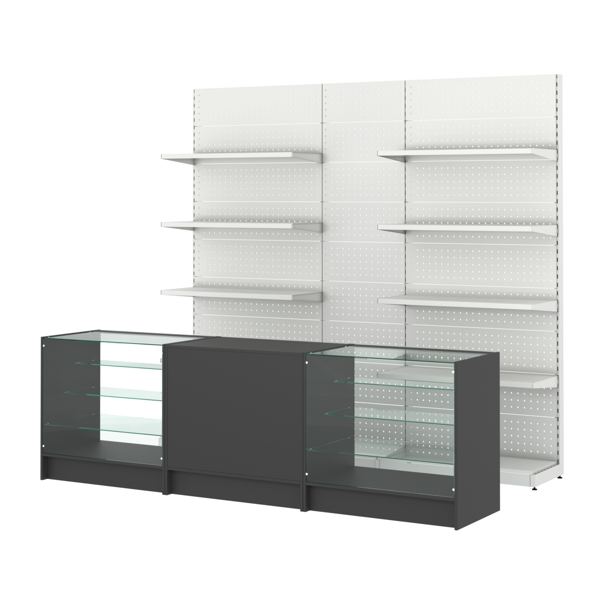 Комплект металлических стеллажей с полками и перфорацией и прилавков ЭК-4 Черный