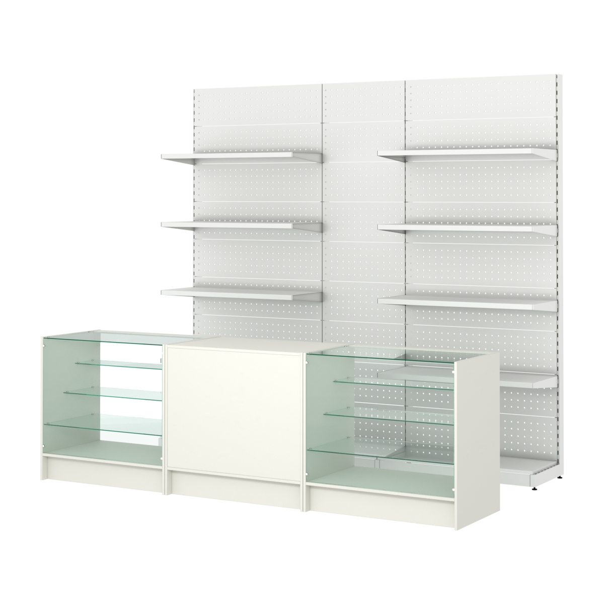 Комплект металлических стеллажей с полками и перфорацией и прилавков ЭК-4 Белый