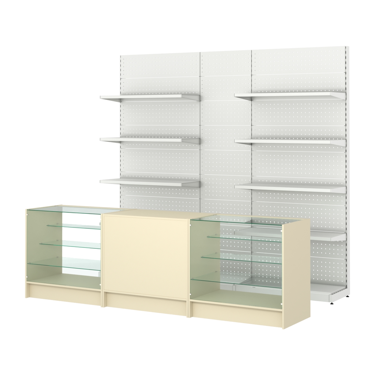 Комплект металлических стеллажей с полками и перфорацией и прилавков ЭК-4 Крем Вайс