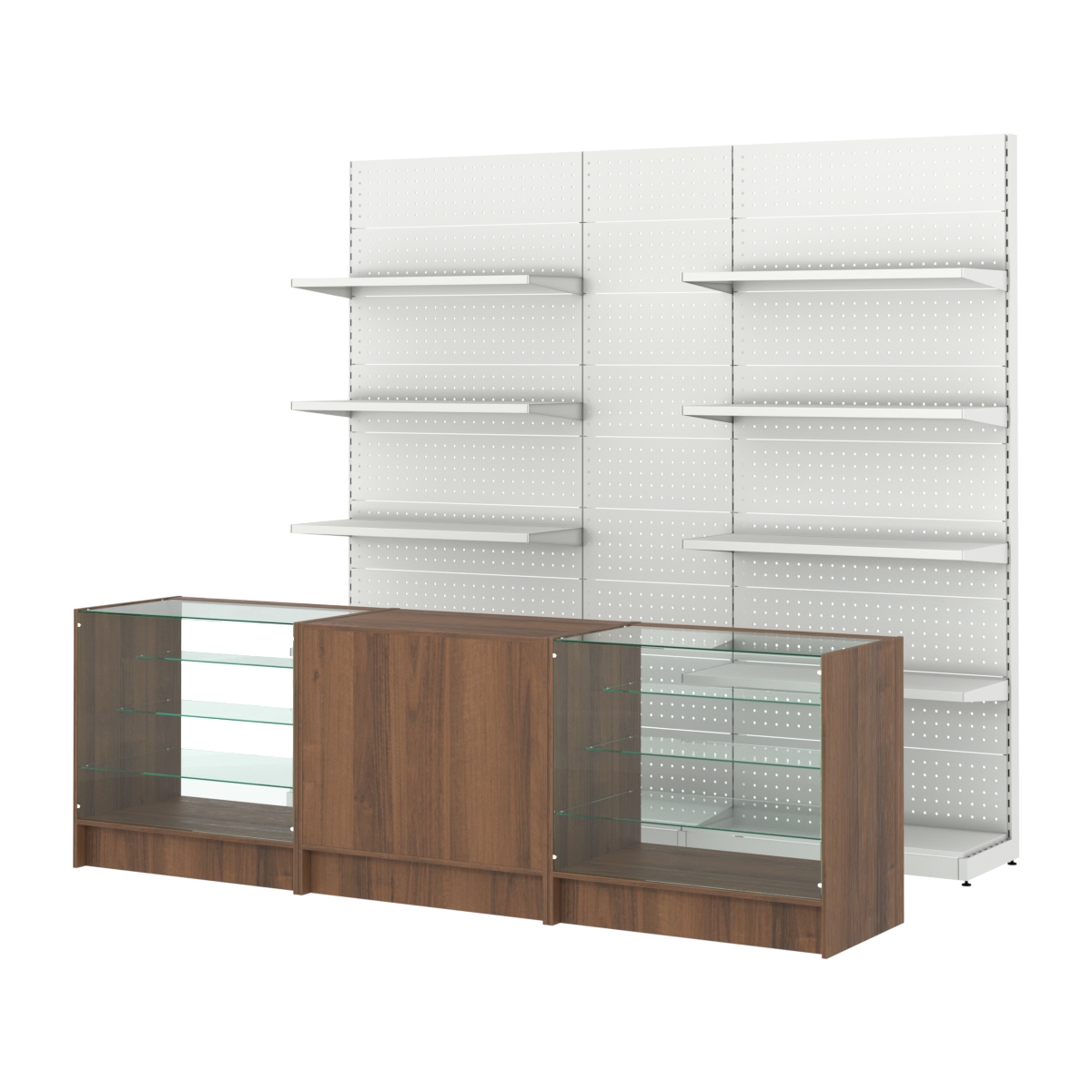 Комплект металлических стеллажей с полками и перфорацией и прилавков ЭК-4 Орех