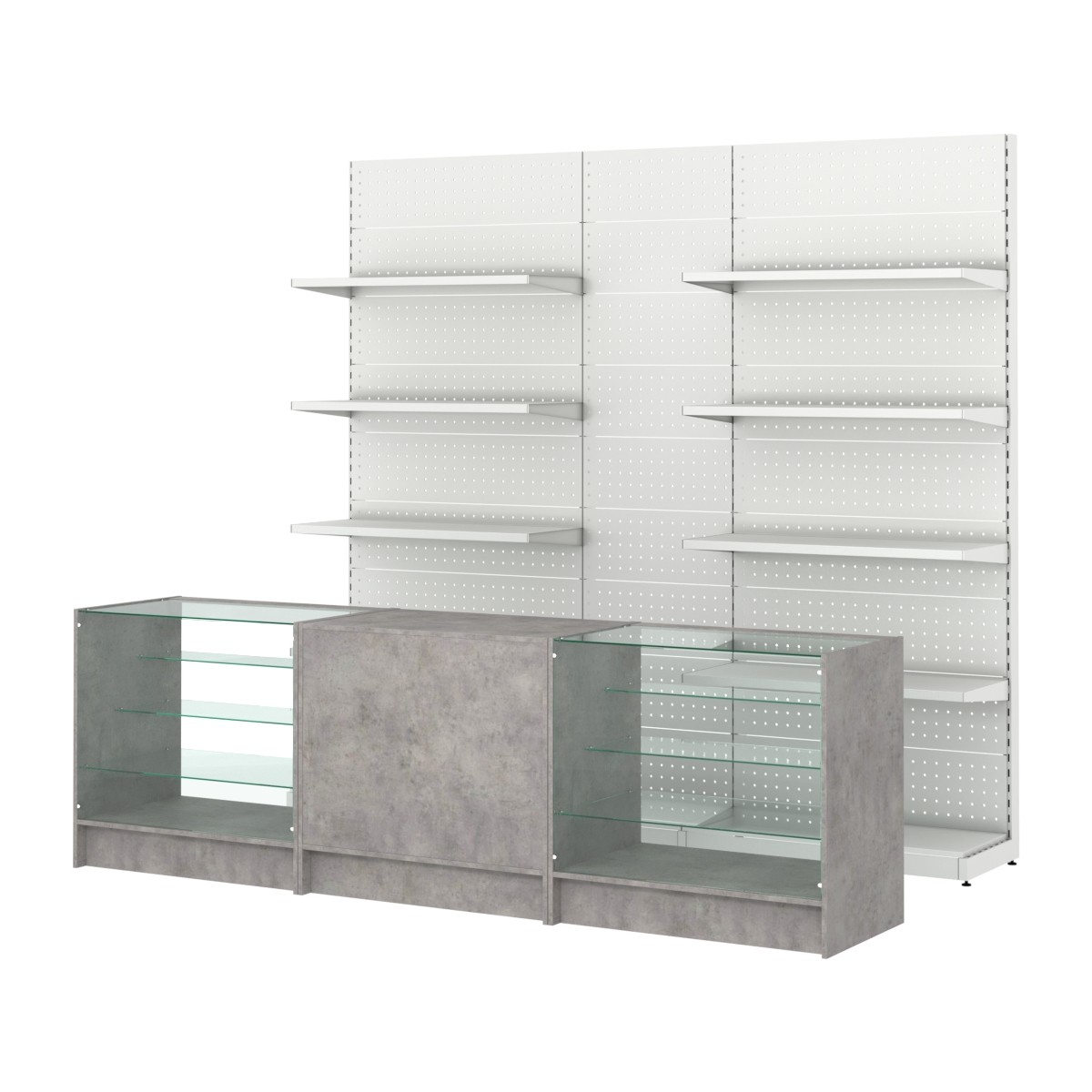 Комплект металлических стеллажей с полками и перфорацией и прилавков ЭК-4 Бетон Чикаго светло-серый F186 ST9