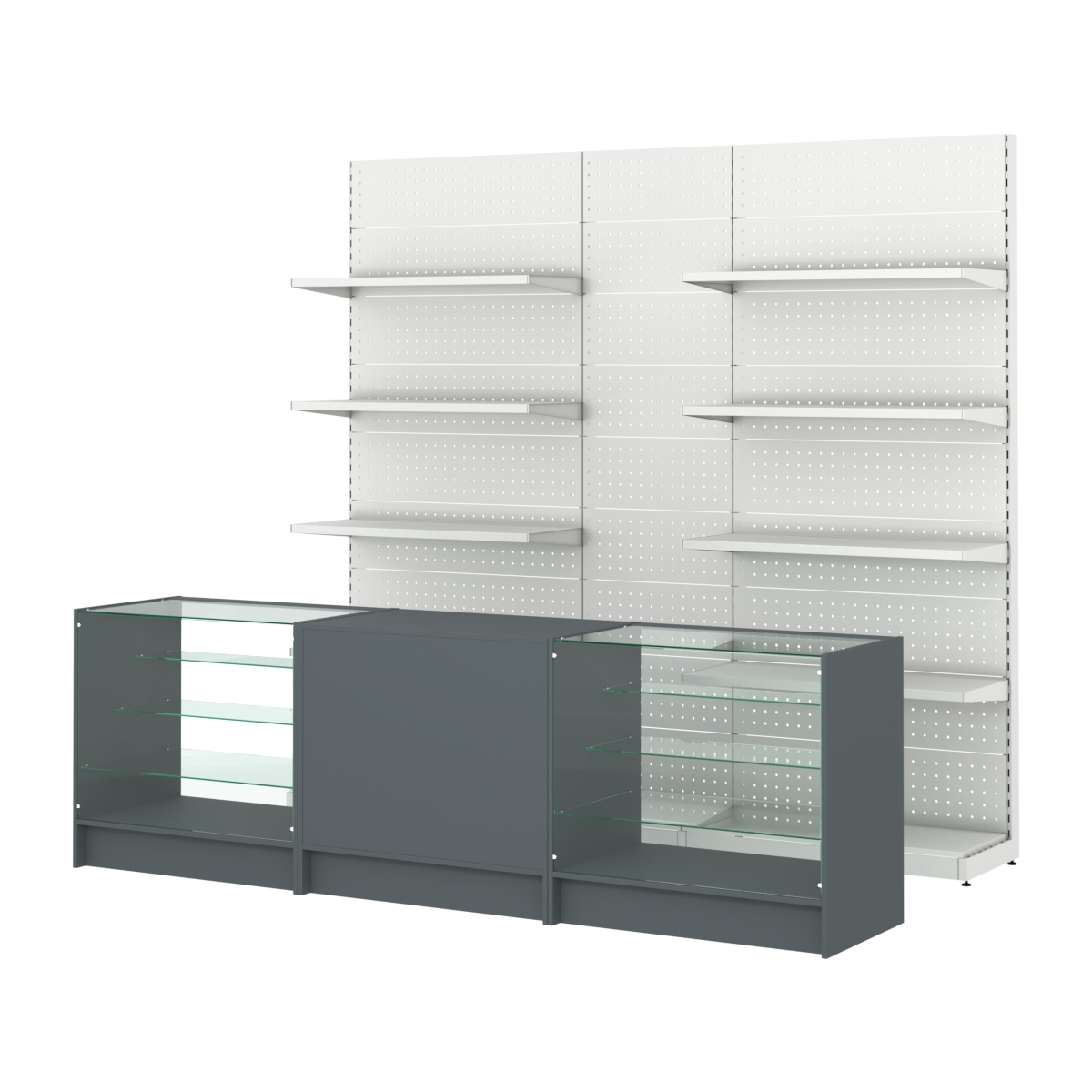Комплект металлических стеллажей с полками и перфорацией и прилавков ЭК-4 Темно-Серый