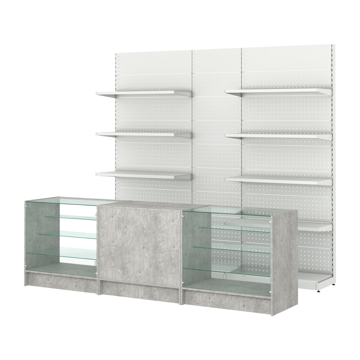 Комплект металлических стеллажей с полками и перфорацией и прилавков ЭК-4 Метрополитан Грей