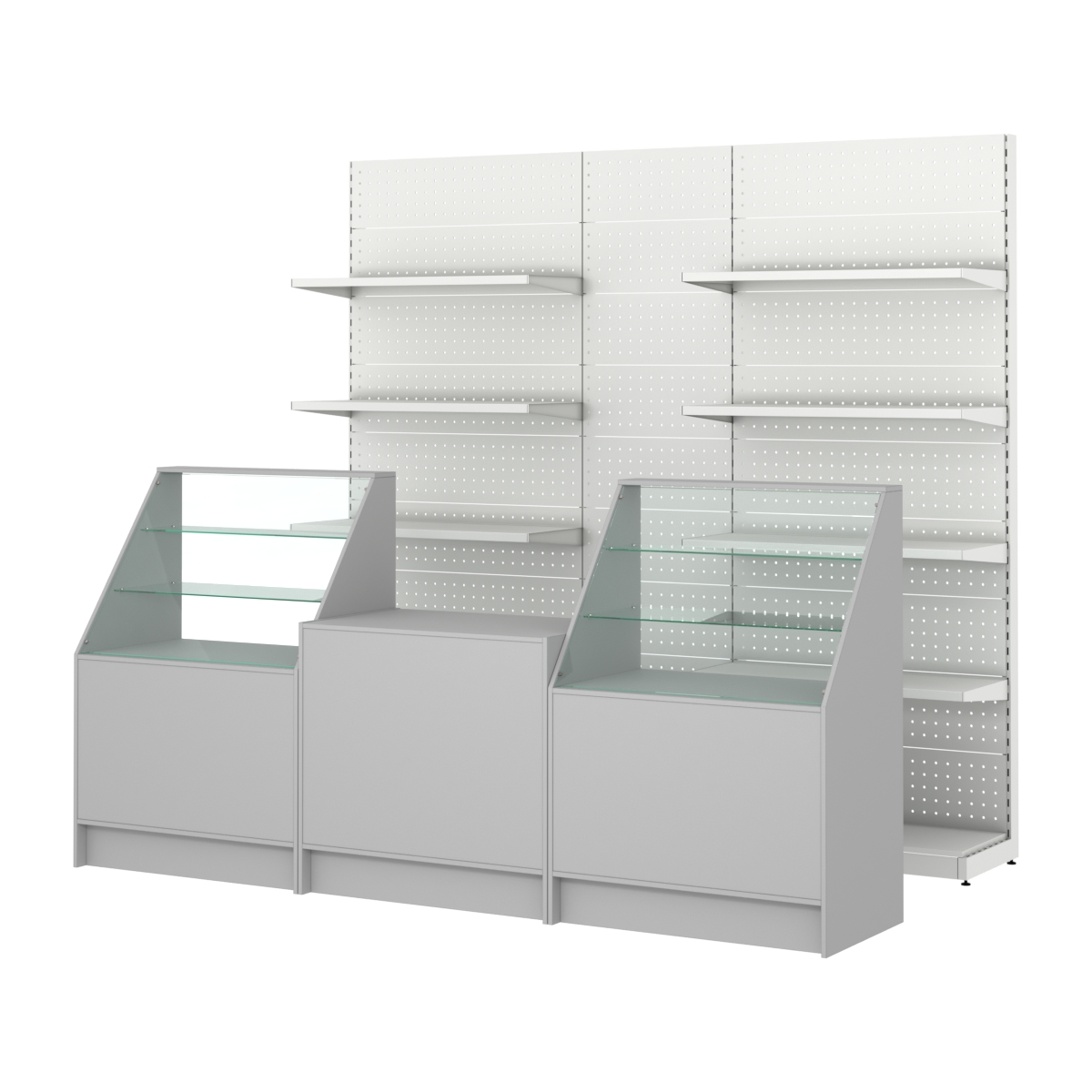 Комплект металлических стеллажей с полками и перфорацией и прилавков ЭК-7 Серый