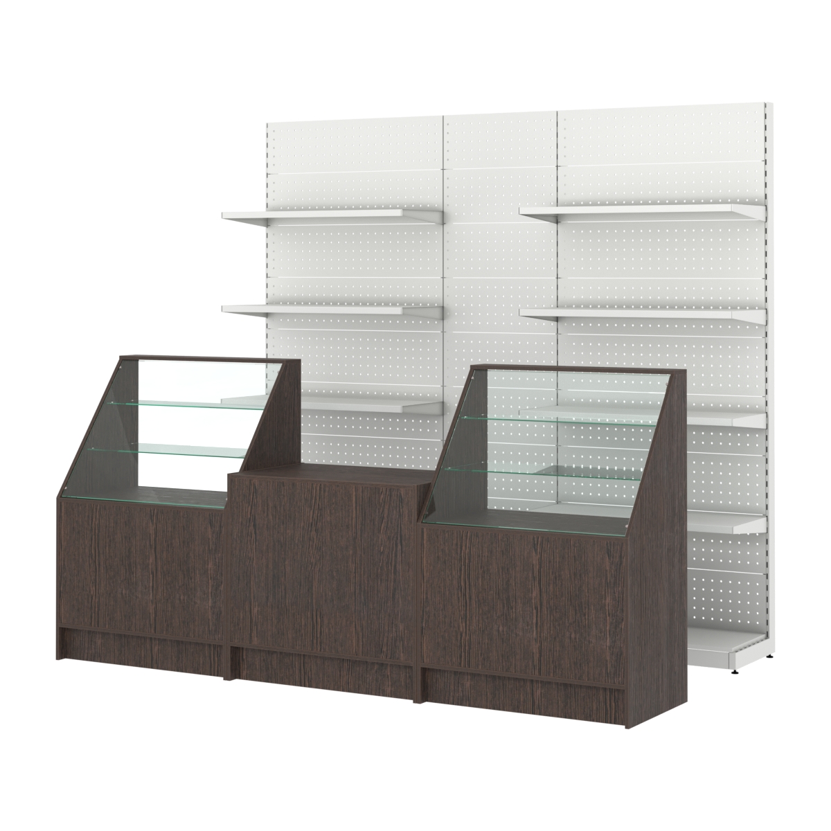 Комплект металлических стеллажей с полками и перфорацией и прилавков ЭК-7 Дуб Венге