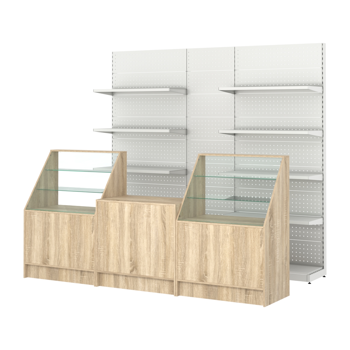 Комплект металлических стеллажей с полками и перфорацией и прилавков ЭК-7 Дуб сонома