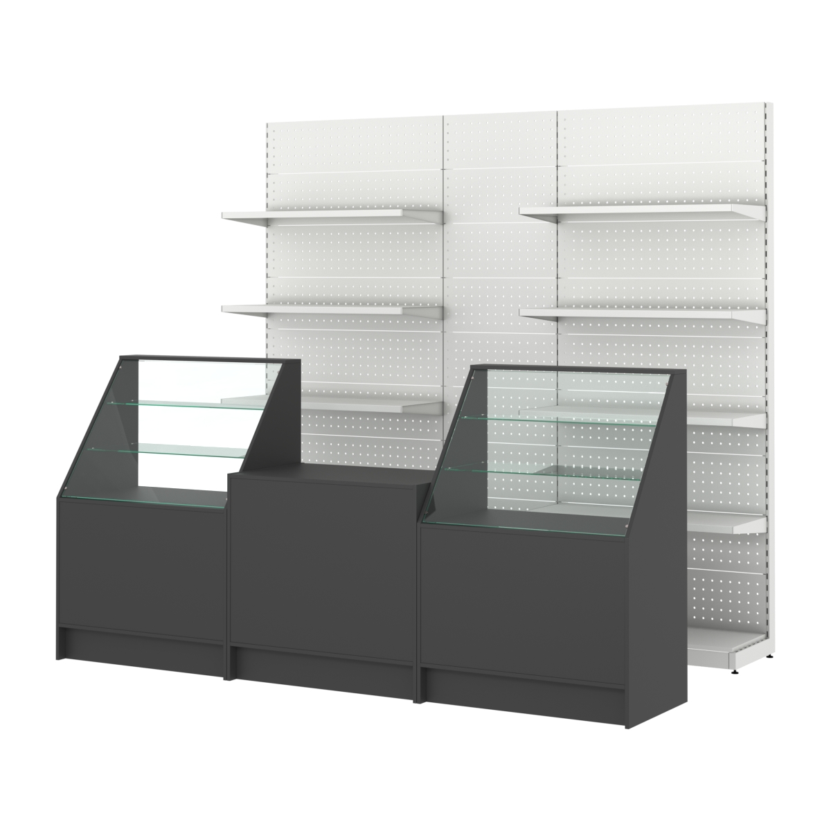 Комплект металлических стеллажей с полками и перфорацией и прилавков ЭК-7 Черный