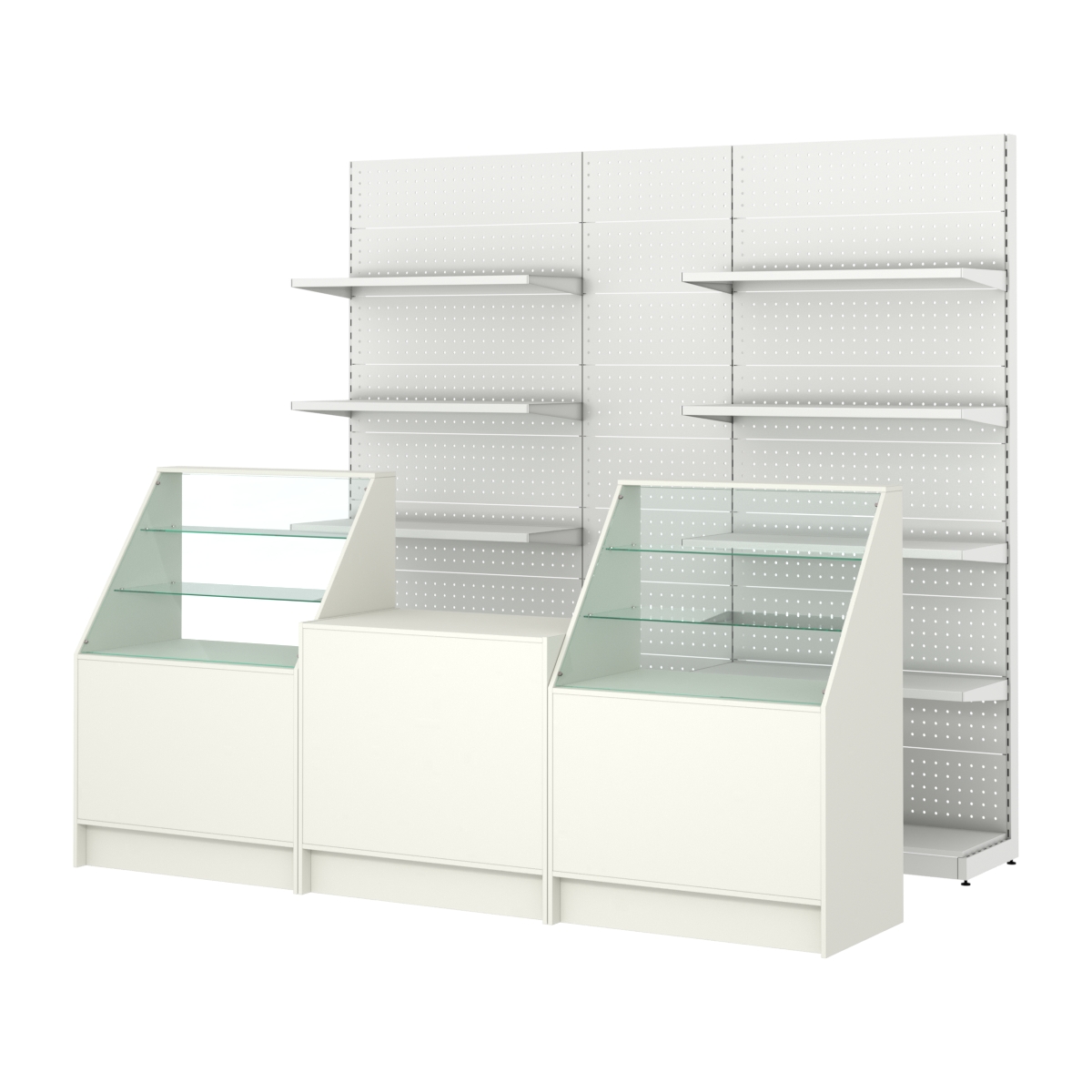 Комплект металлических стеллажей с полками и перфорацией и прилавков ЭК-7 Белый