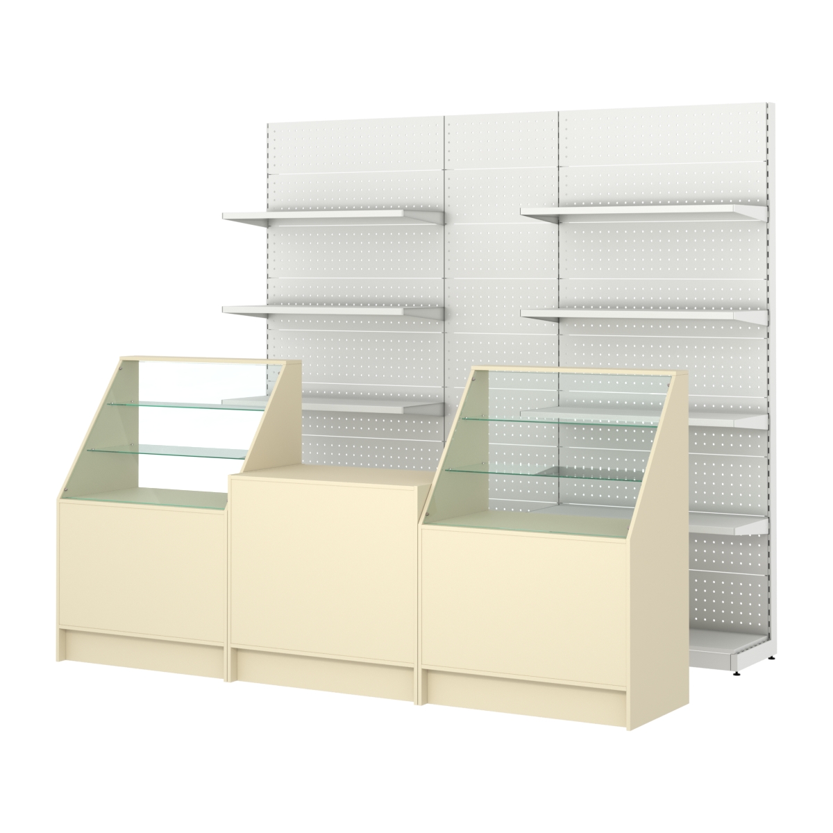 Комплект металлических стеллажей с полками и перфорацией и прилавков ЭК-7 Крем Вайс