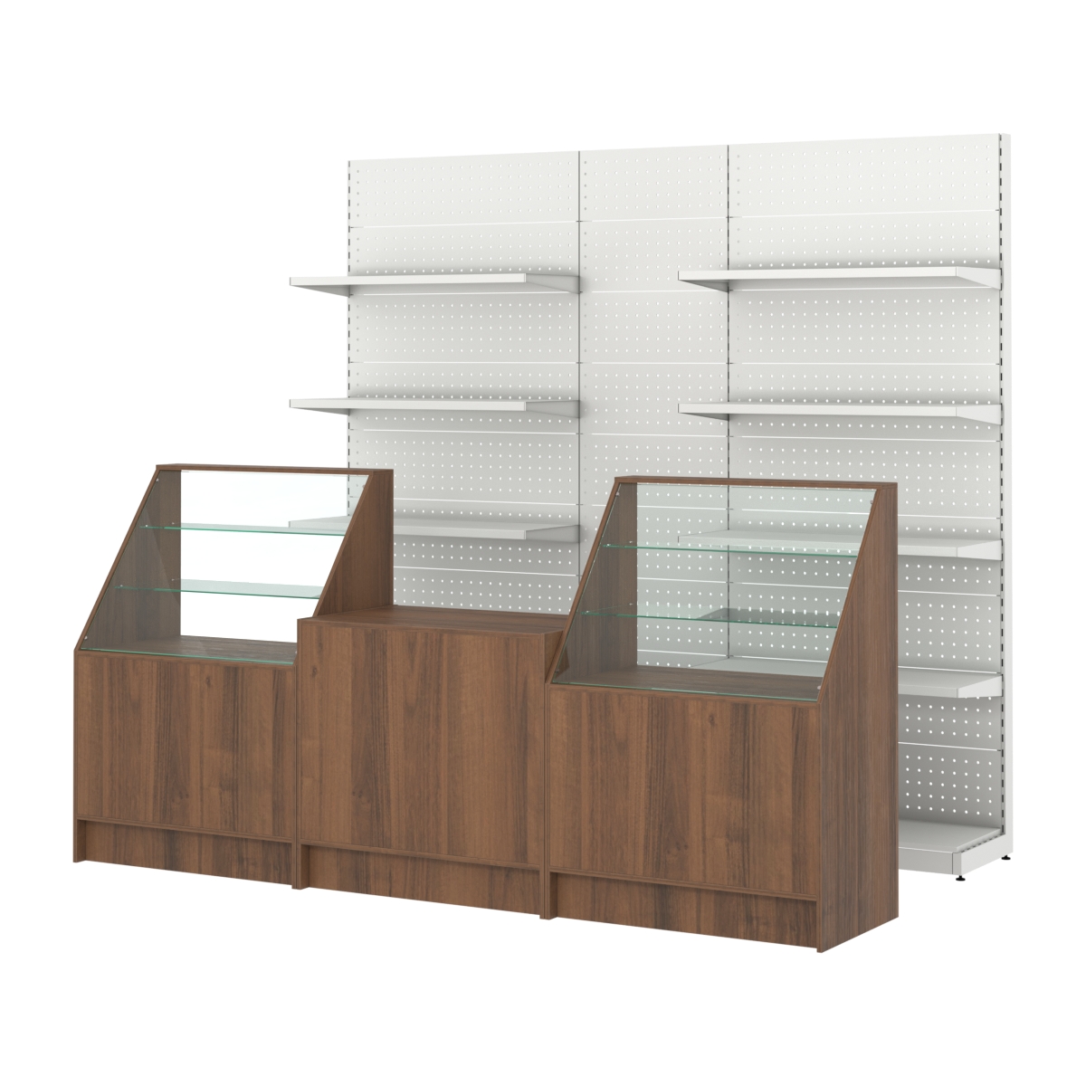Комплект металлических стеллажей с полками и перфорацией и прилавков ЭК-7 Орех