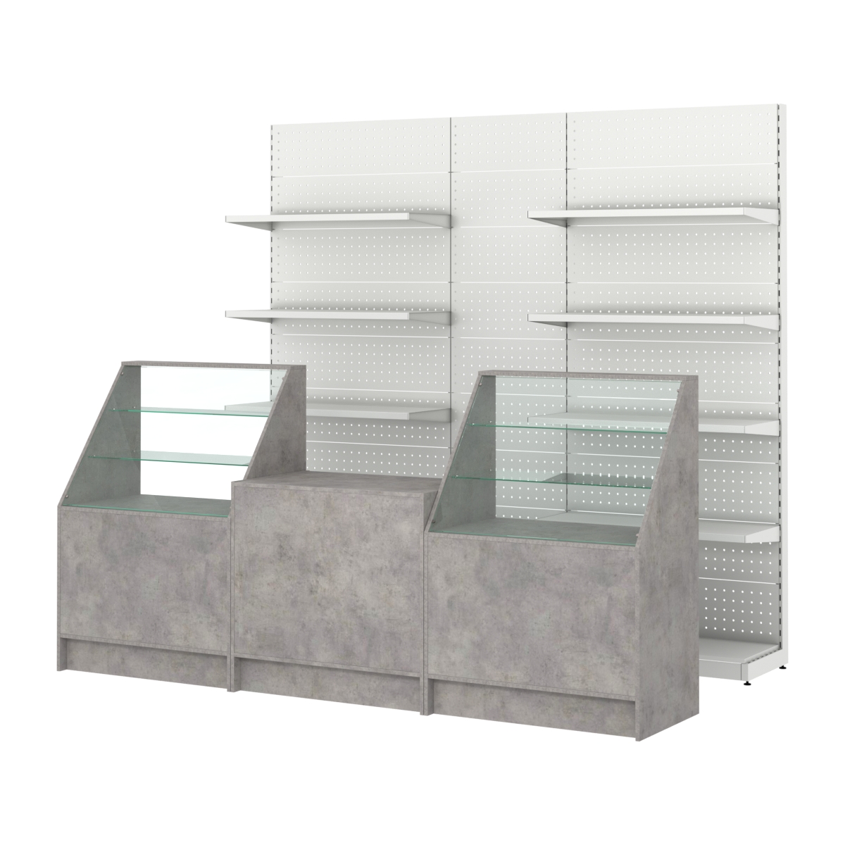 Комплект металлических стеллажей с полками и перфорацией и прилавков ЭК-7 Бетон Чикаго светло-серый F186 ST9