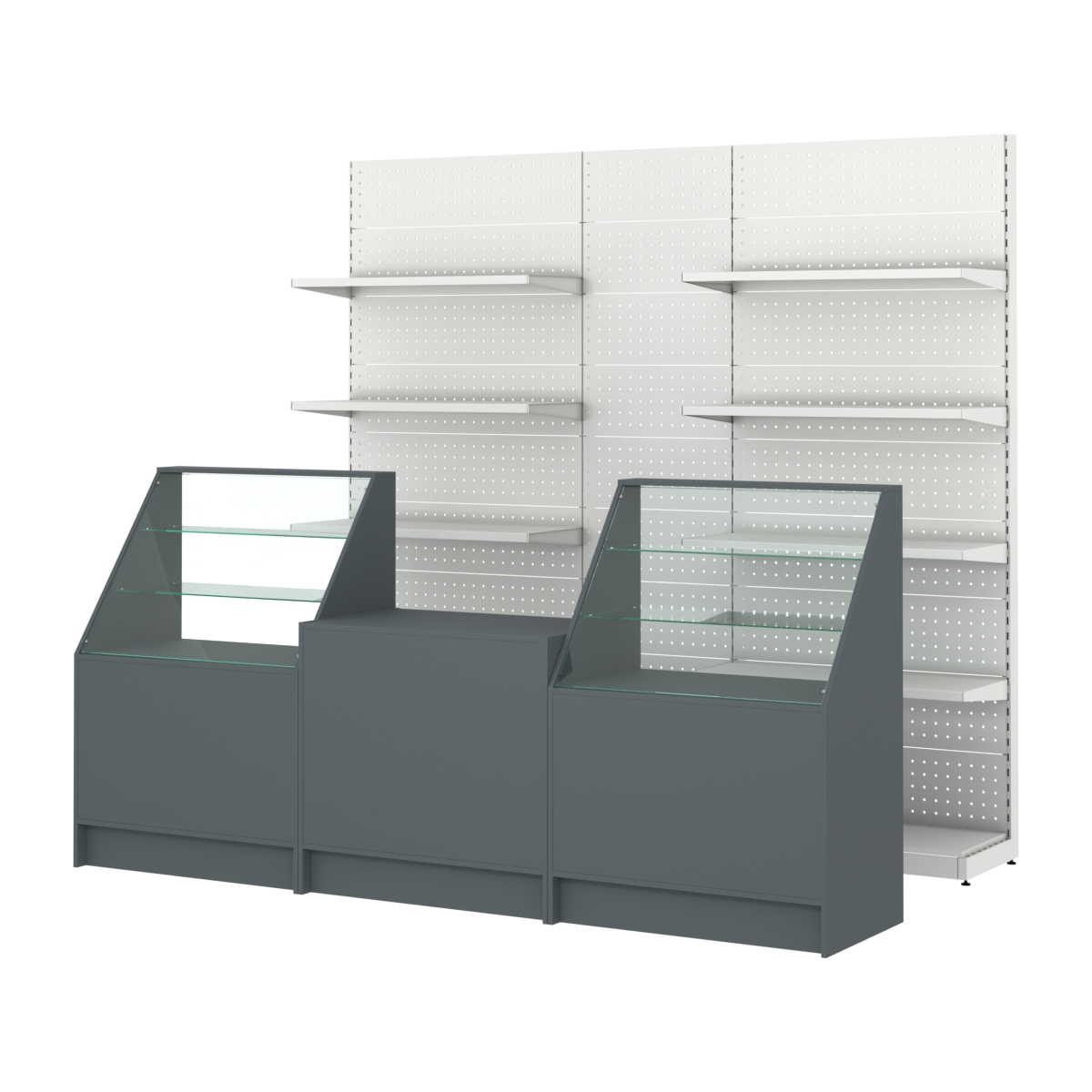 Комплект металлических стеллажей с полками и перфорацией и прилавков ЭК-7 Темно-Серый