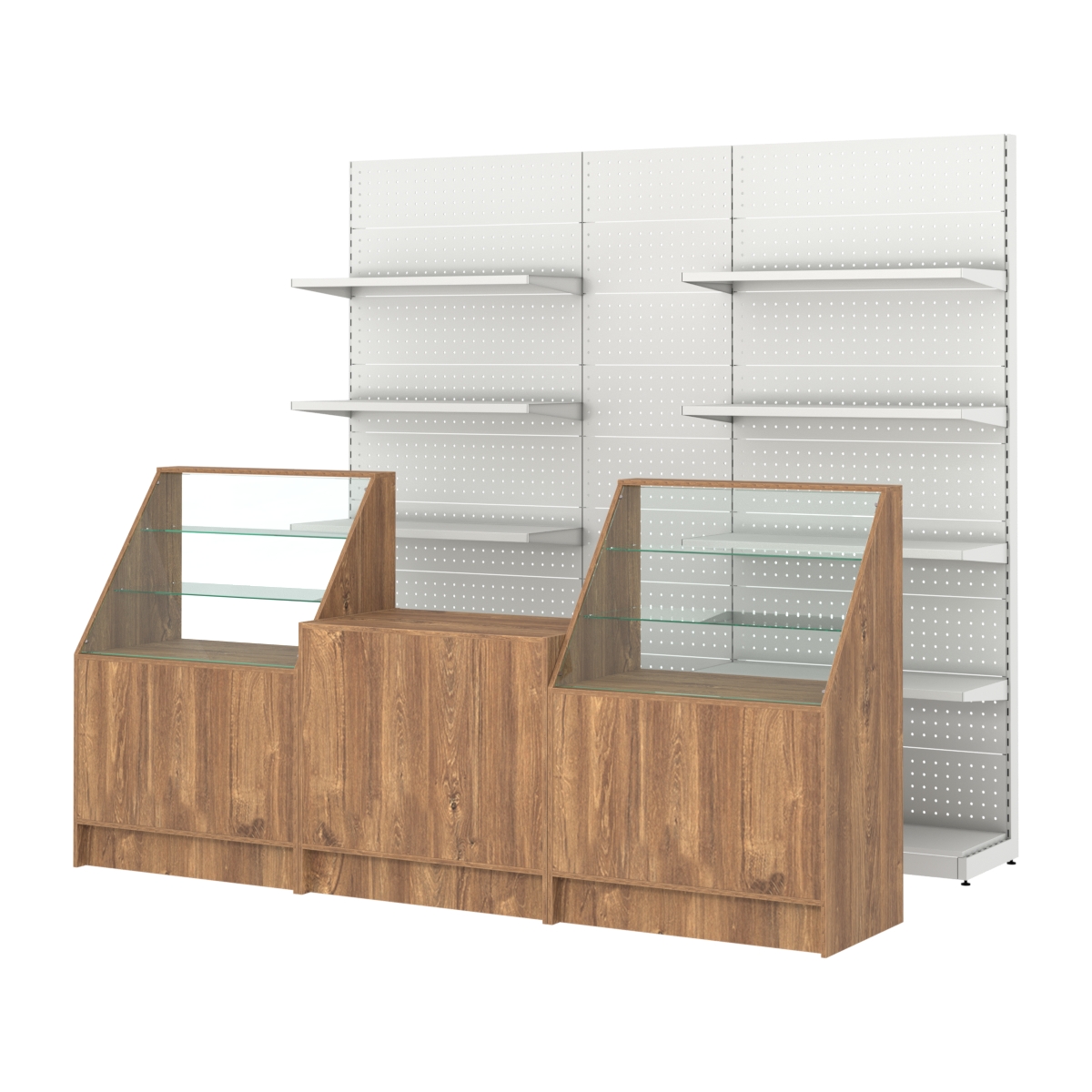 Комплект металлических стеллажей с полками и перфорацией и прилавков ЭК-7 Дуб Канзас коричневый