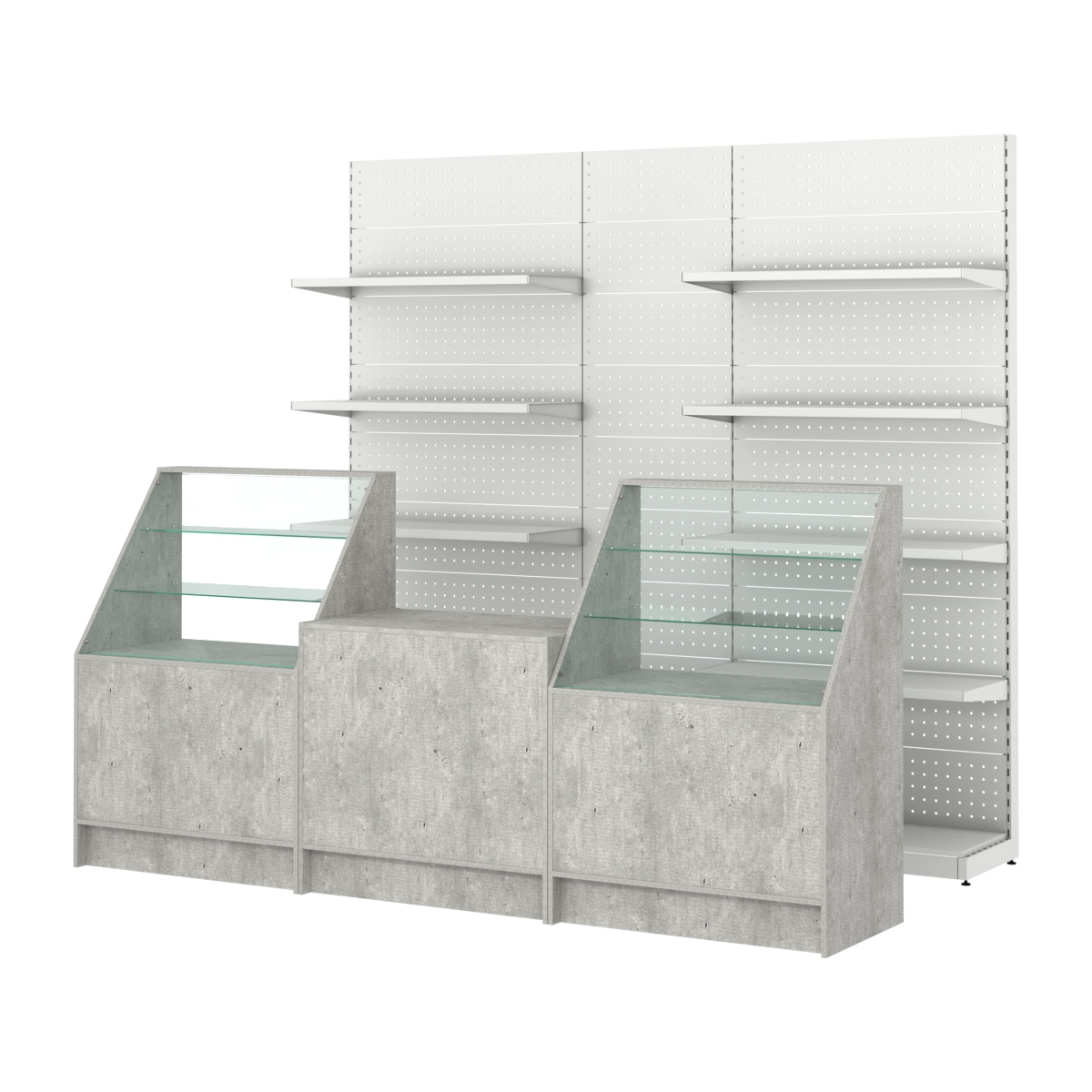 Комплект металлических стеллажей с полками и перфорацией и прилавков ЭК-7 Метрополитан Грей