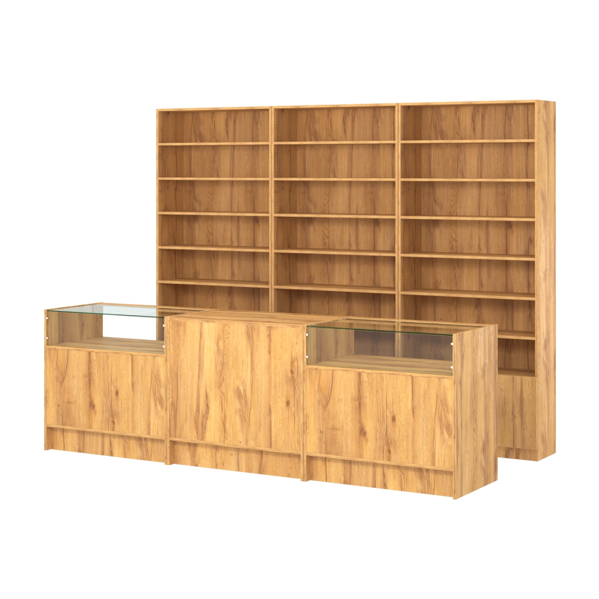 Комплект стеллажей с прямыми полками ДСП LE-6 №12 и прилавков ЭК-02 Дуб Золотистый