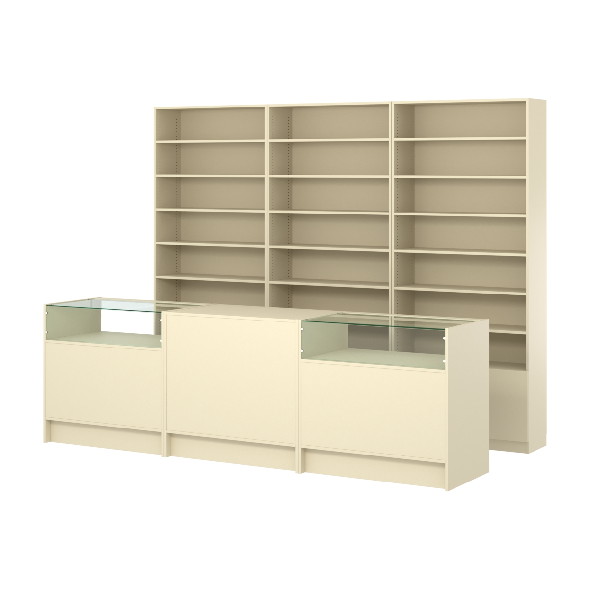 Комплект стеллажей с прямыми полками ДСП LE-6 №12 и прилавков ЭК-02 Крем Вайс