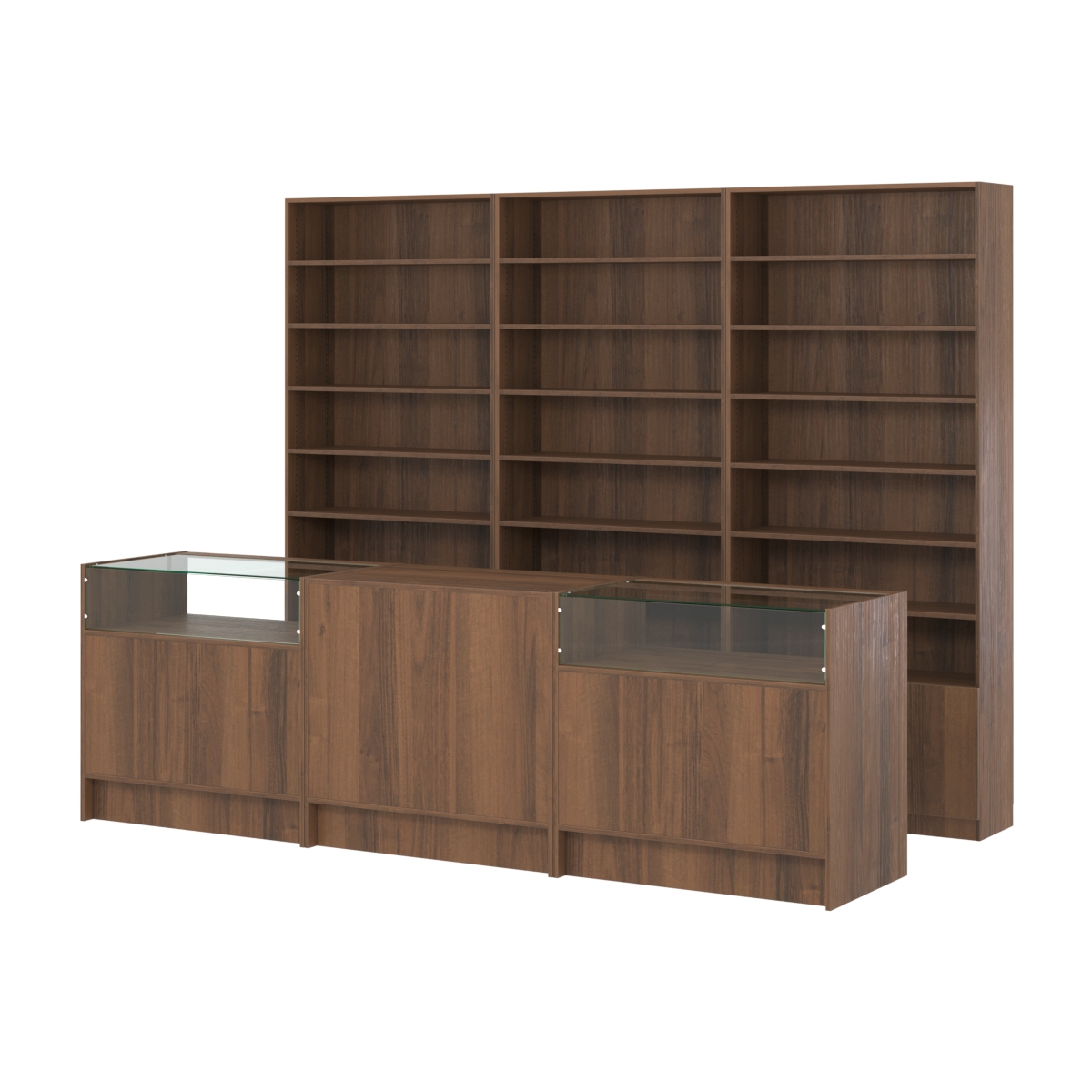 Комплект стеллажей с прямыми полками ДСП LE-6 №12 и прилавков ЭК-02 Орех