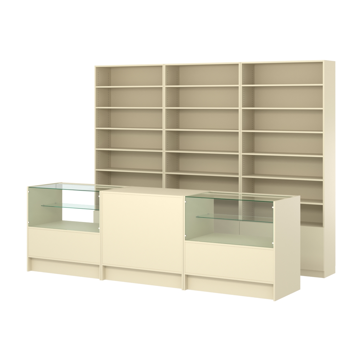 Комплект стеллажей с прямыми полками ДСП LE-6 №12 и прилавков ЭК-03 Крем Вайс