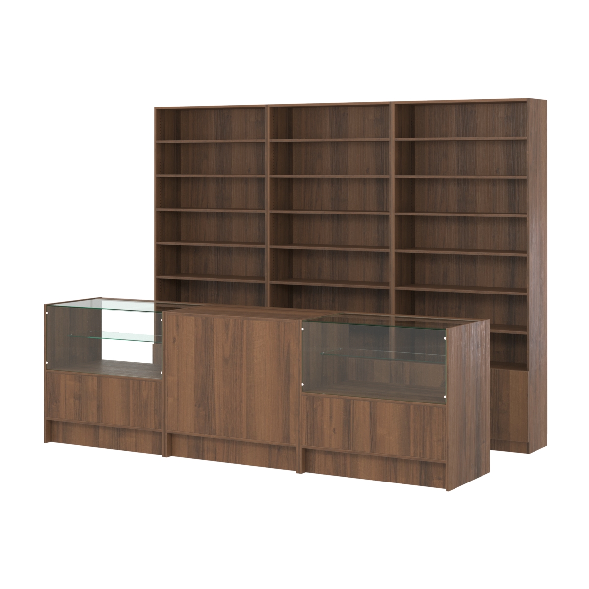 Комплект стеллажей с прямыми полками ДСП LE-6 №12 и прилавков ЭК-03 Орех