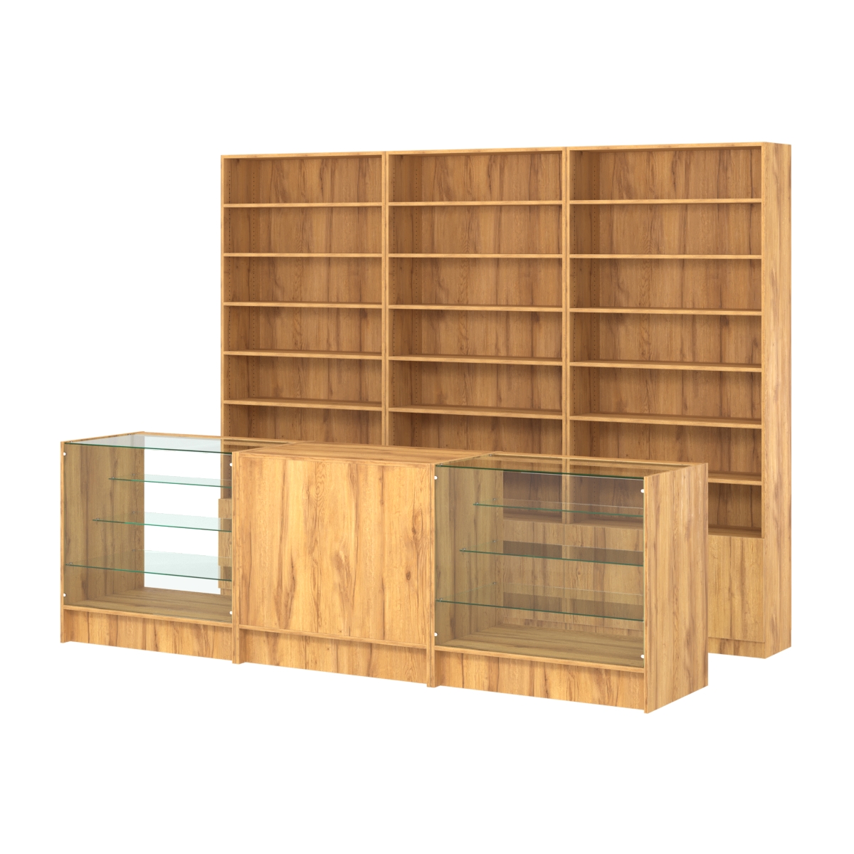 Комплект стеллажей с прямыми полками ДСП LE-6 №12 и прилавков ЭК-04 Дуб Золотистый