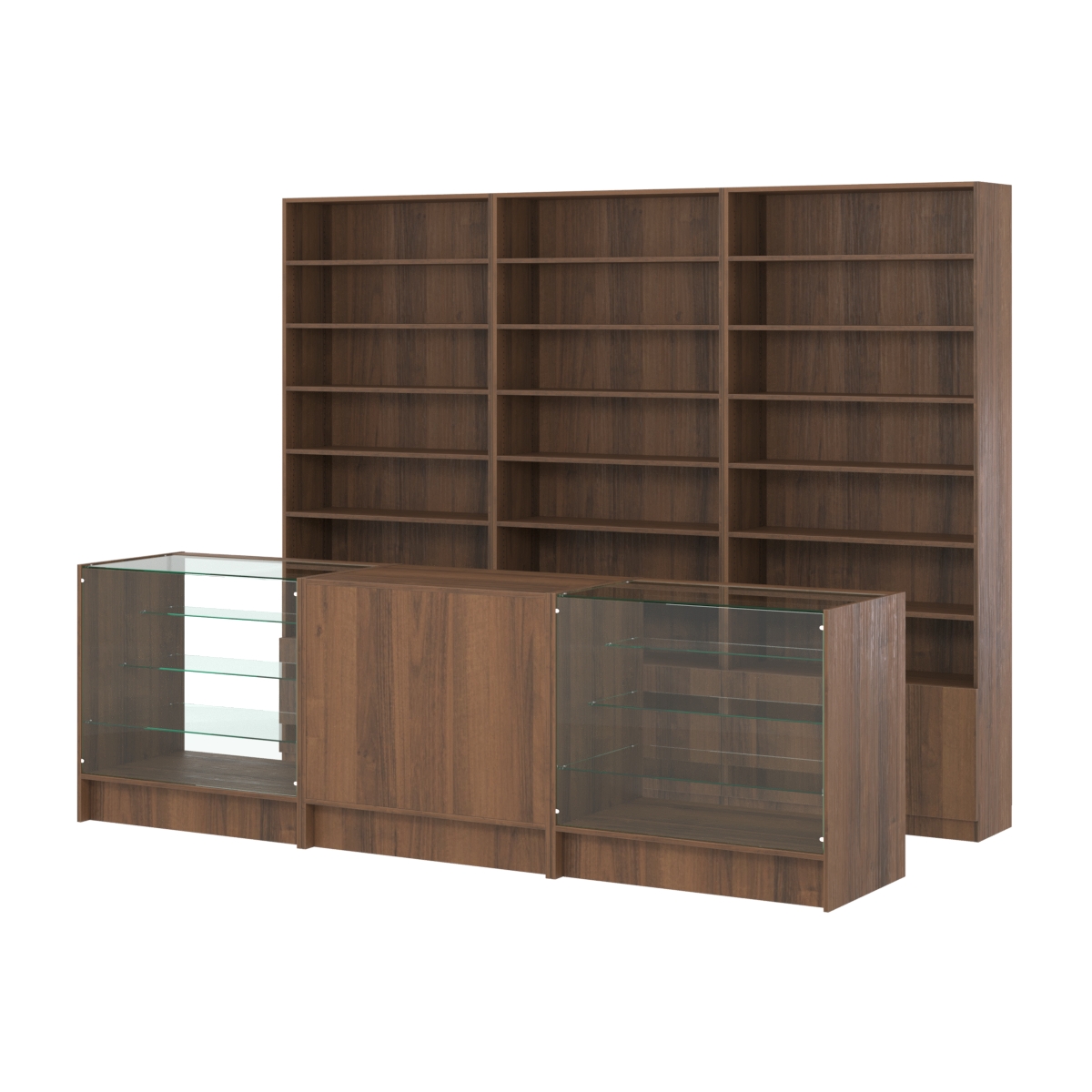 Комплект стеллажей с прямыми полками ДСП LE-6 №12 и прилавков ЭК-04 Орех