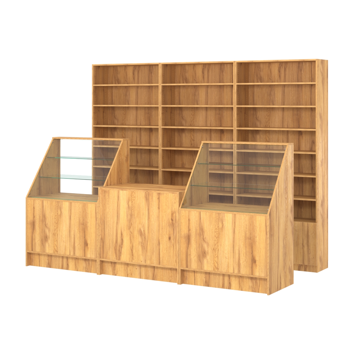 Комплект стеллажей с прямыми полками ДСП LE-6 №12 и прилавков ЭК-07 Дуб Золотистый