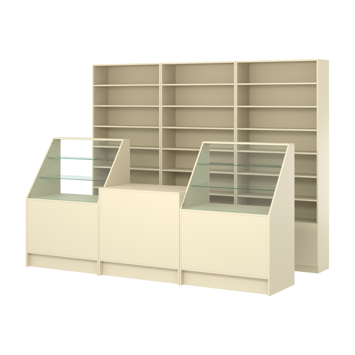 Комплект стеллажей с прямыми полками ДСП LE-6 №12 и прилавков ЭК-07 Крем Вайс