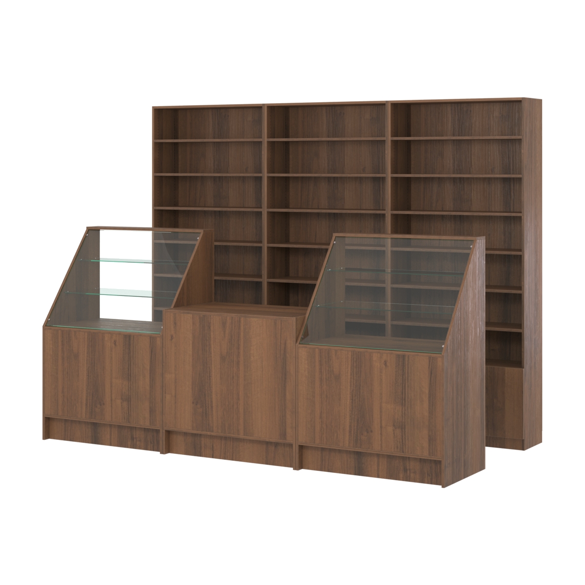 Комплект стеллажей с прямыми полками ДСП LE-6 №12 и прилавков ЭК-07 Орех