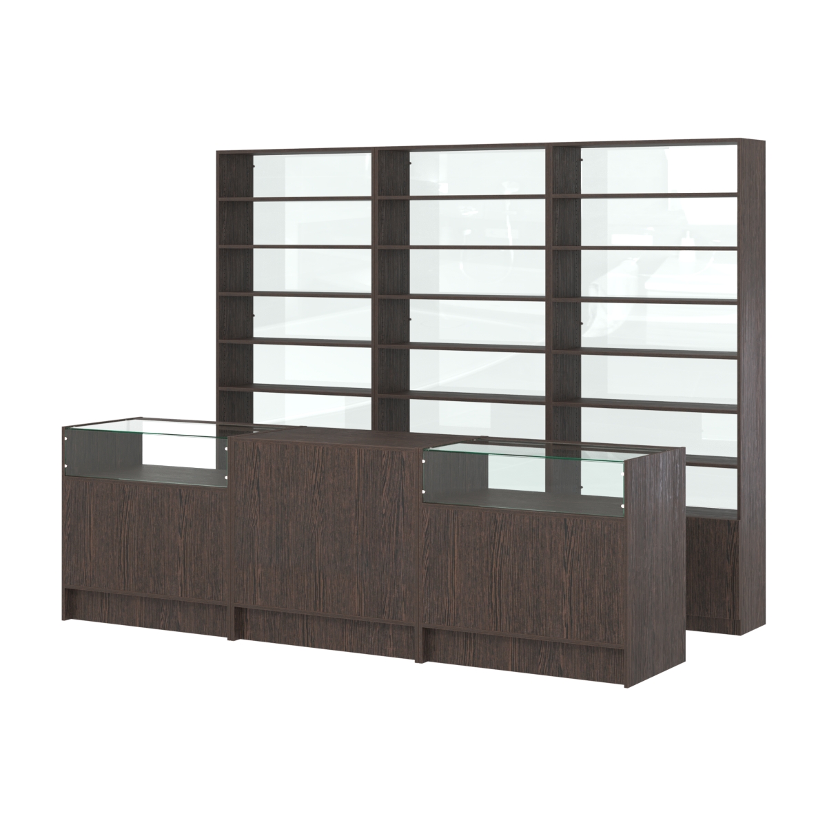 Комплект стеллажей с прямыми полками ДСП LE-6 №12-1 и прилавков ЭК-02 Дуб Венге