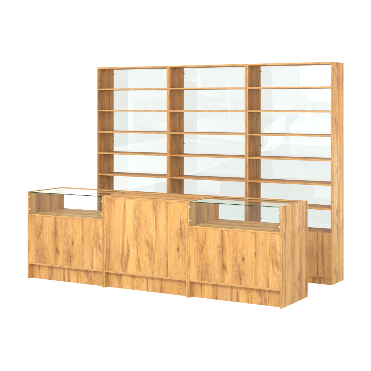 Комплект стеллажей с прямыми полками ДСП LE-6 №12-1 и прилавков ЭК-02 Дуб Золотистый