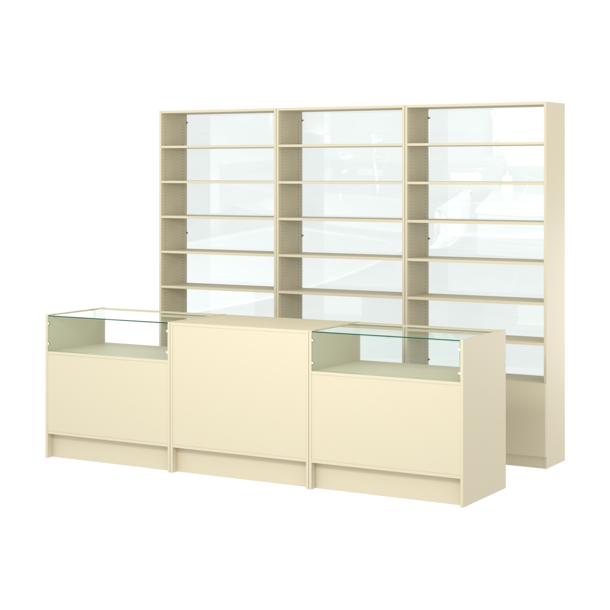 Комплект стеллажей с прямыми полками ДСП LE-6 №12-1 и прилавков ЭК-02 Крем Вайс