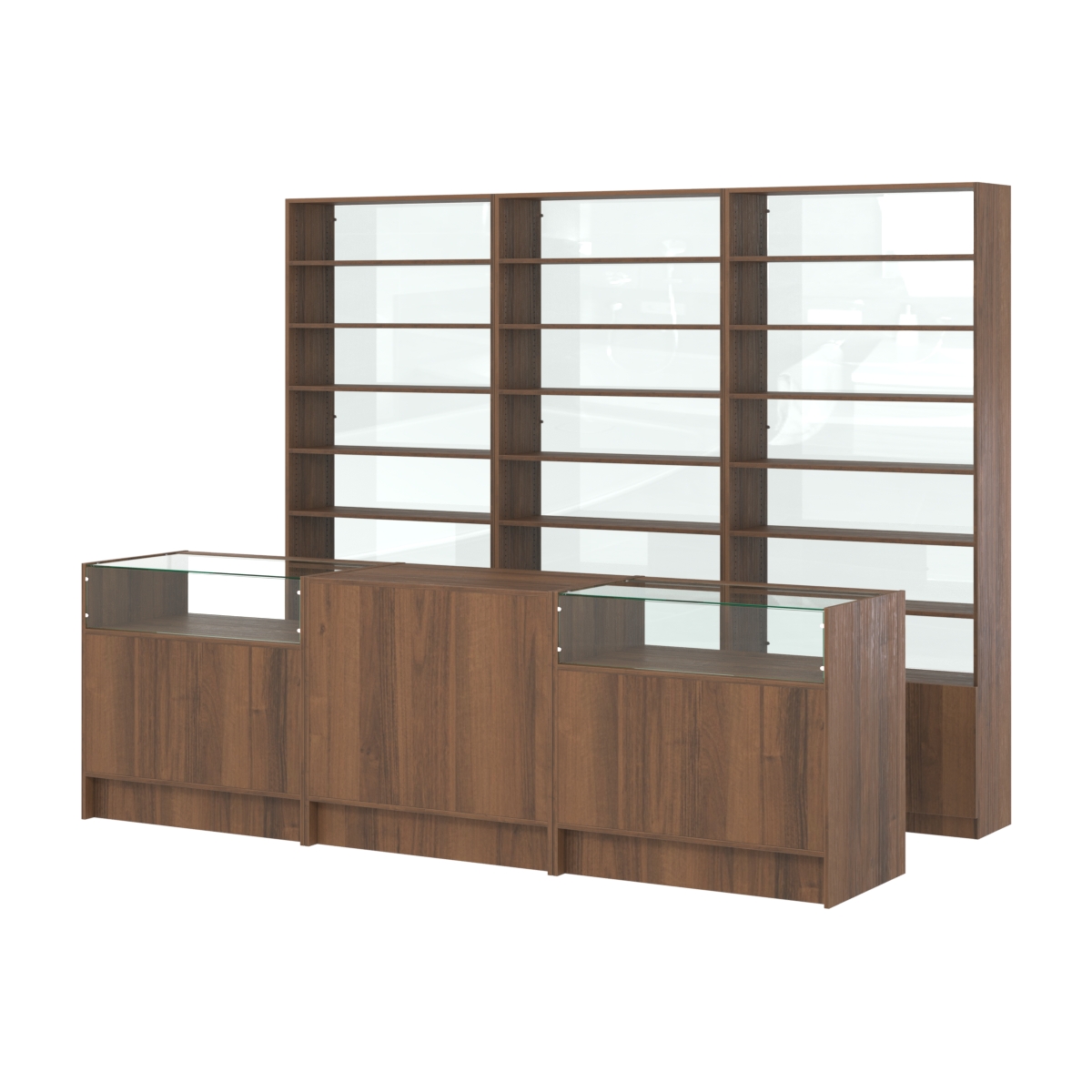 Комплект стеллажей с прямыми полками ДСП LE-6 №12-1 и прилавков ЭК-02 Орех