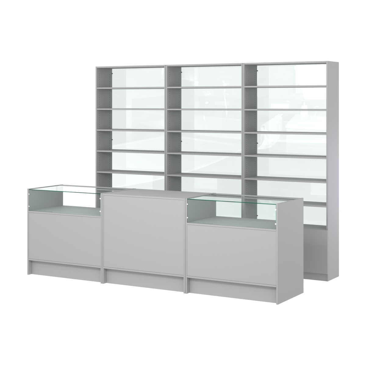 Комплект стеллажей с прямыми полками ДСП LE-6 №12-1 и прилавков ЭК-02 Серый