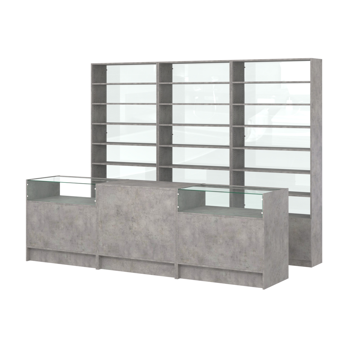 Комплект стеллажей с прямыми полками ДСП LE-6 №12-1 и прилавков ЭК-02 Бетон Чикаго светло-серый F186 ST9