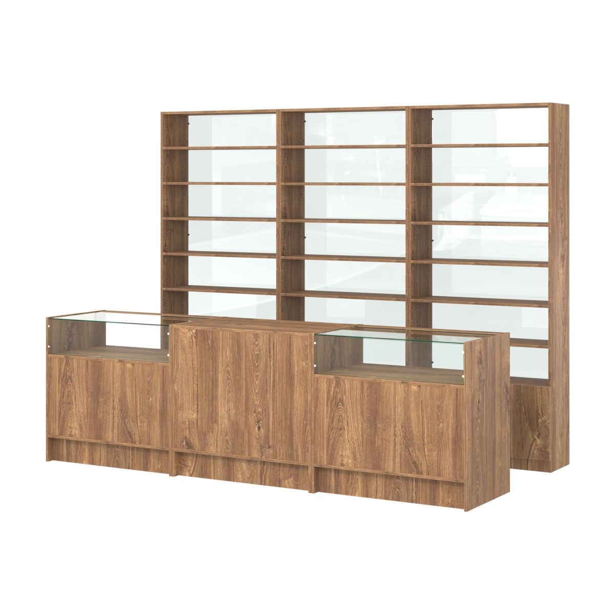 Комплект стеллажей с прямыми полками ДСП LE-6 №12-1 и прилавков ЭК-02 Дуб Канзас коричневый