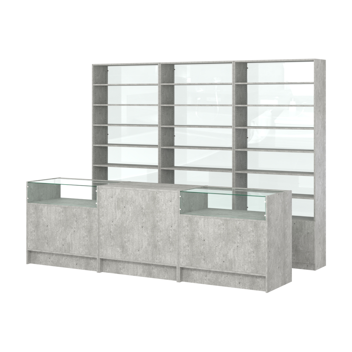 Комплект стеллажей с прямыми полками ДСП LE-6 №12-1 и прилавков ЭК-02 Метрополитан Грей