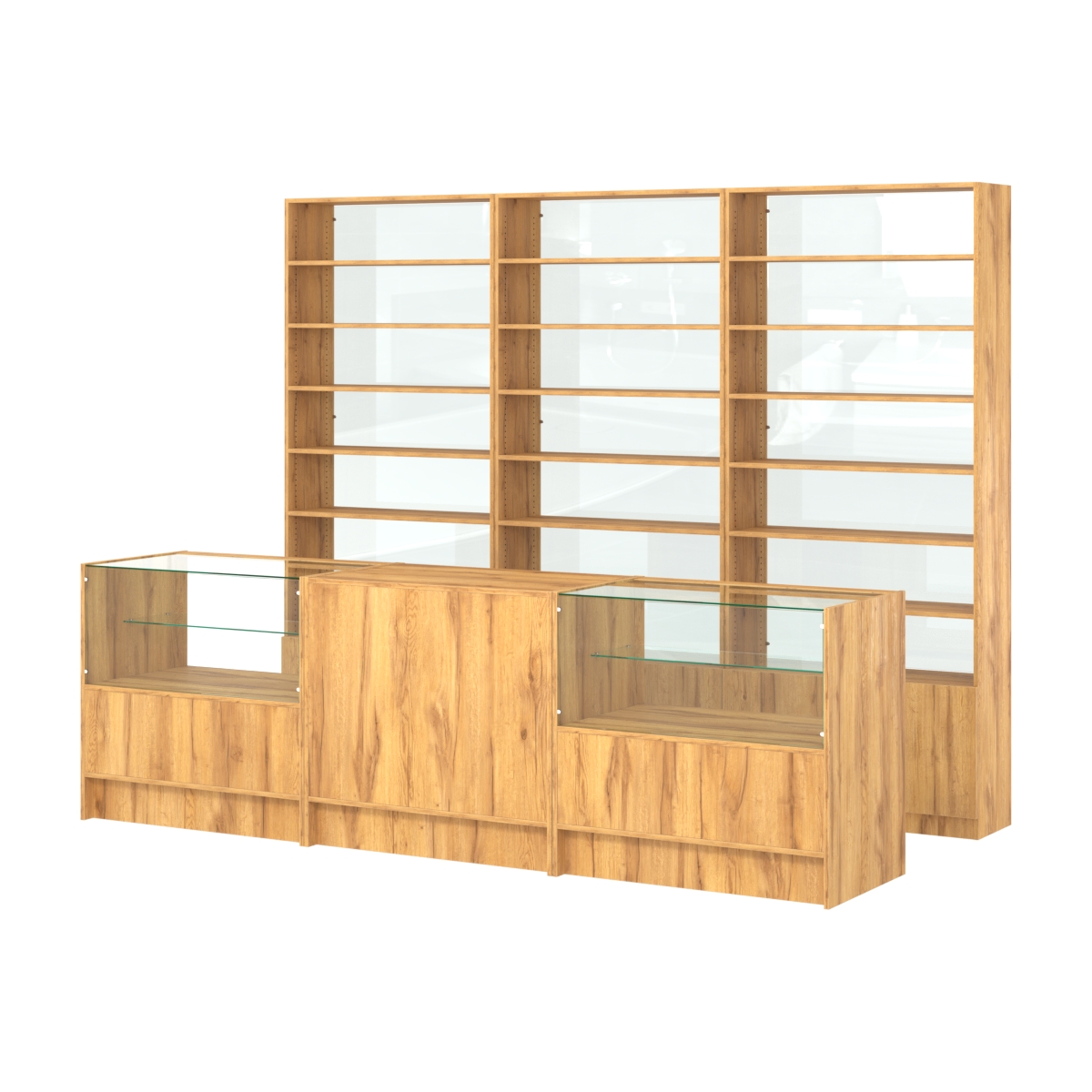 Комплект стеллажей с прямыми полками ДСП LE-6 №12-1 и прилавков ЭК-03 Дуб Золотистый