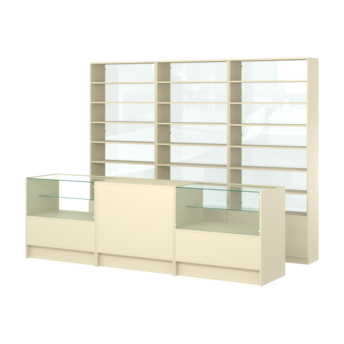 Комплект стеллажей с прямыми полками ДСП LE-6 №12-1 и прилавков ЭК-03 Крем Вайс