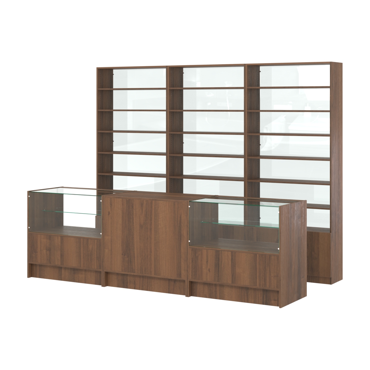 Комплект стеллажей с прямыми полками ДСП LE-6 №12-1 и прилавков ЭК-03 Орех