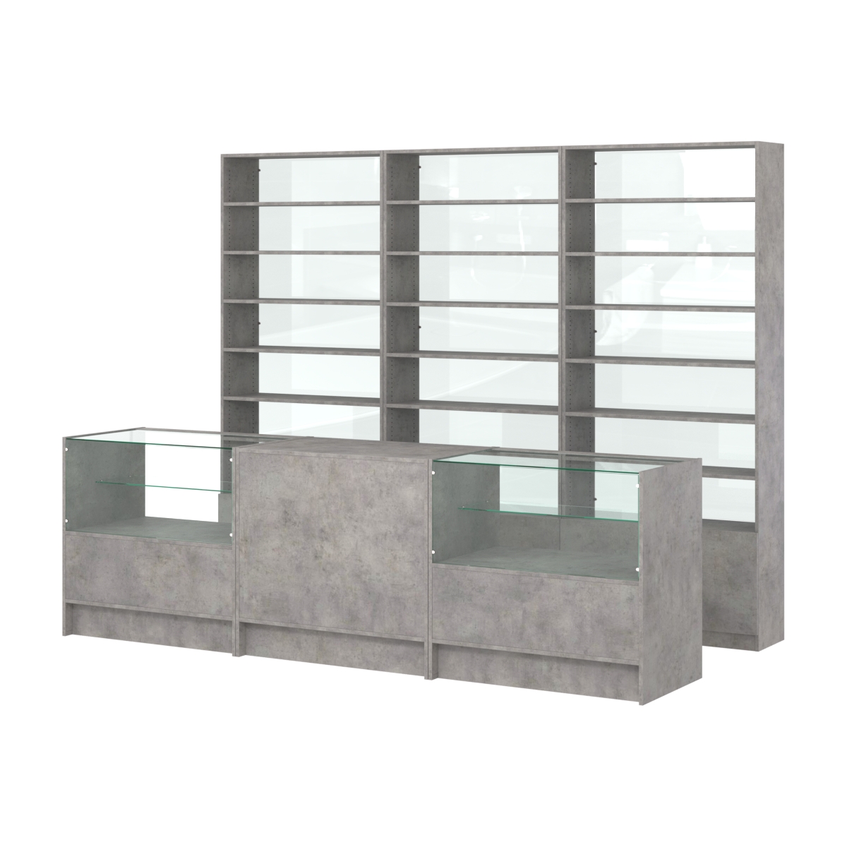 Комплект стеллажей с прямыми полками ДСП LE-6 №12-1 и прилавков ЭК-03 Бетон Чикаго светло-серый F186 ST9