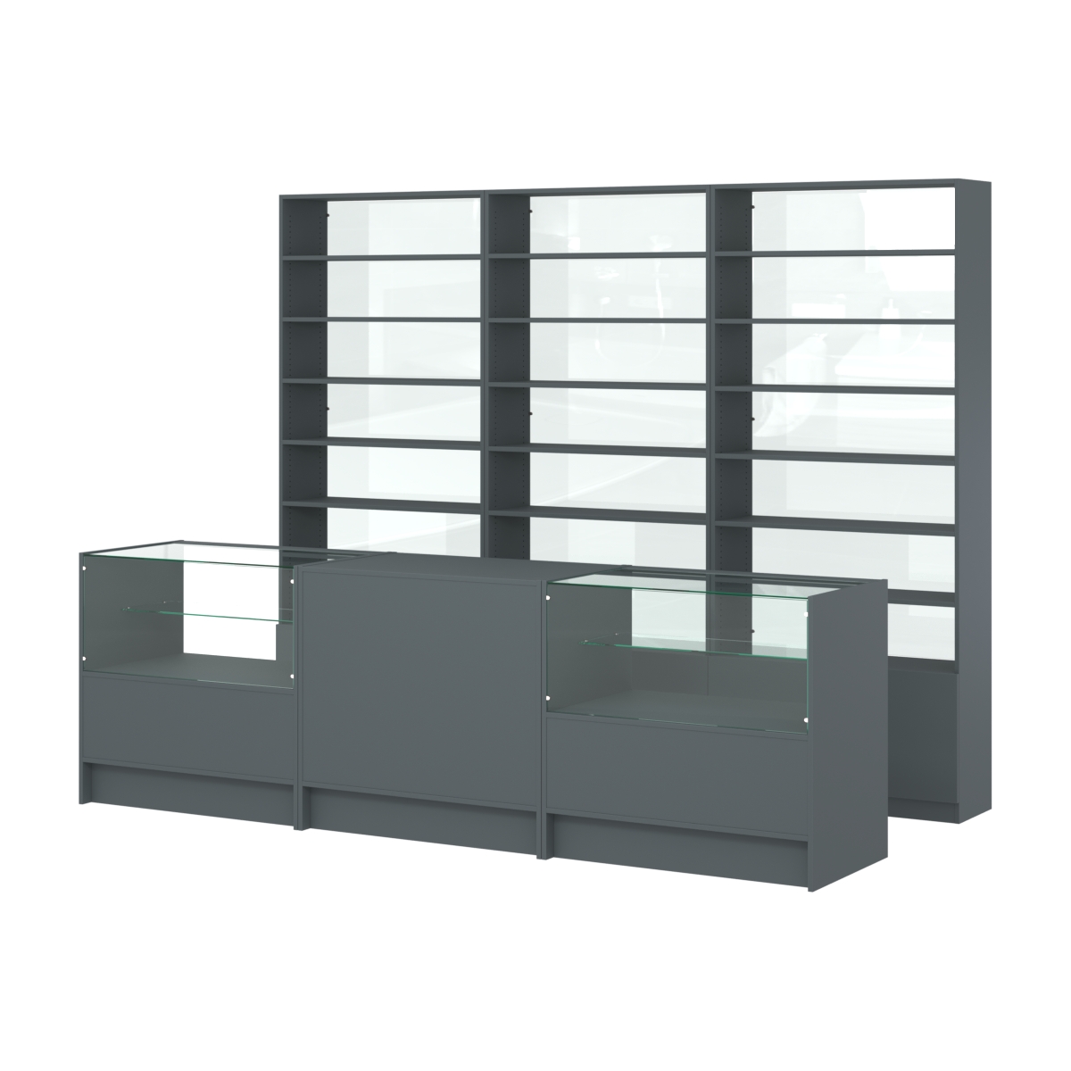 Комплект стеллажей с прямыми полками ДСП LE-6 №12-1 и прилавков ЭК-03 Темно-Серый