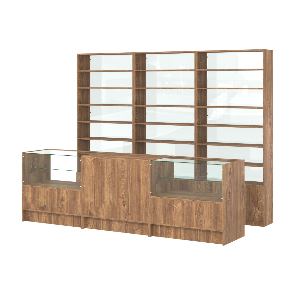 Комплект стеллажей с прямыми полками ДСП LE-6 №12-1 и прилавков ЭК-03 Дуб Канзас коричневый