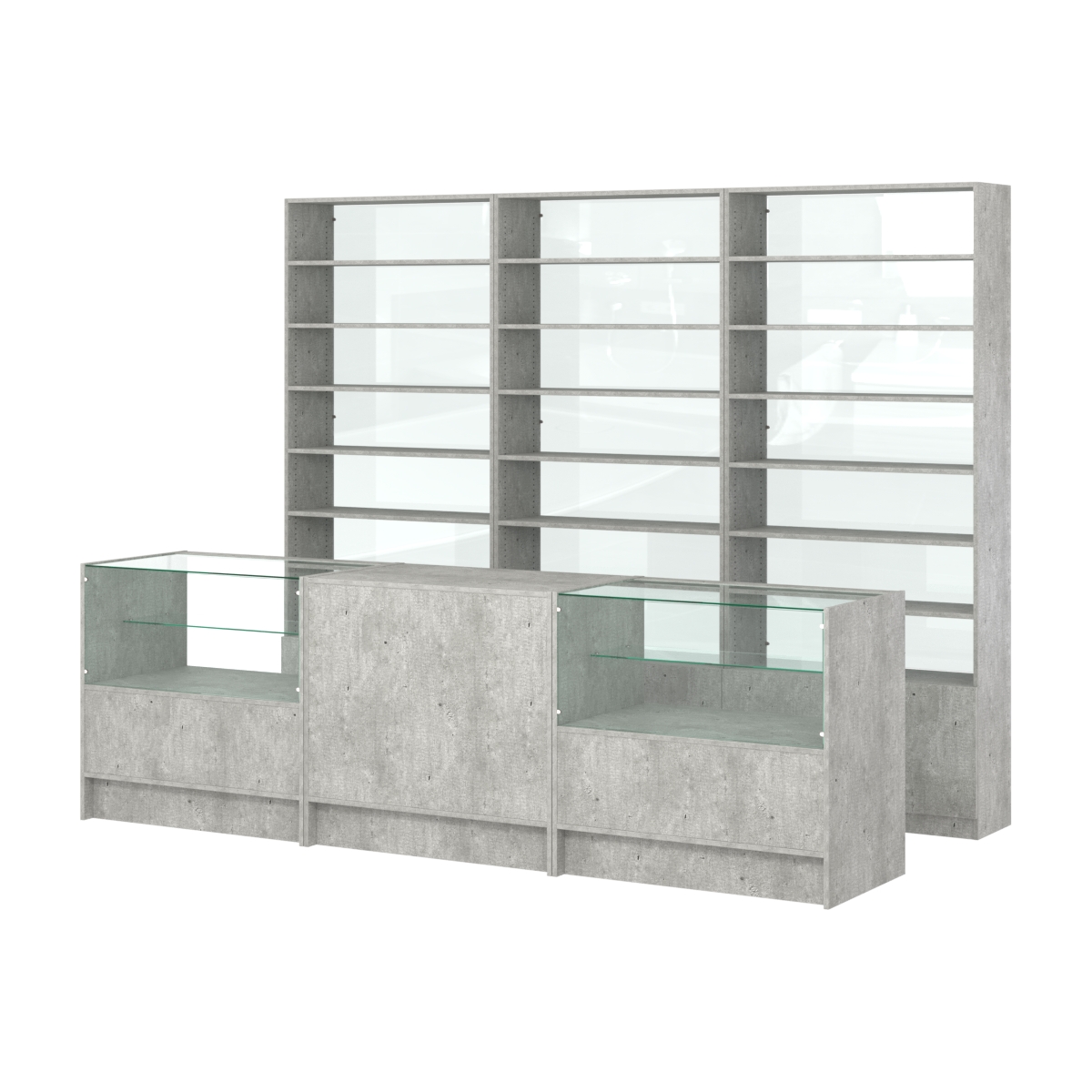 Комплект стеллажей с прямыми полками ДСП LE-6 №12-1 и прилавков ЭК-03 Метрополитан Грей