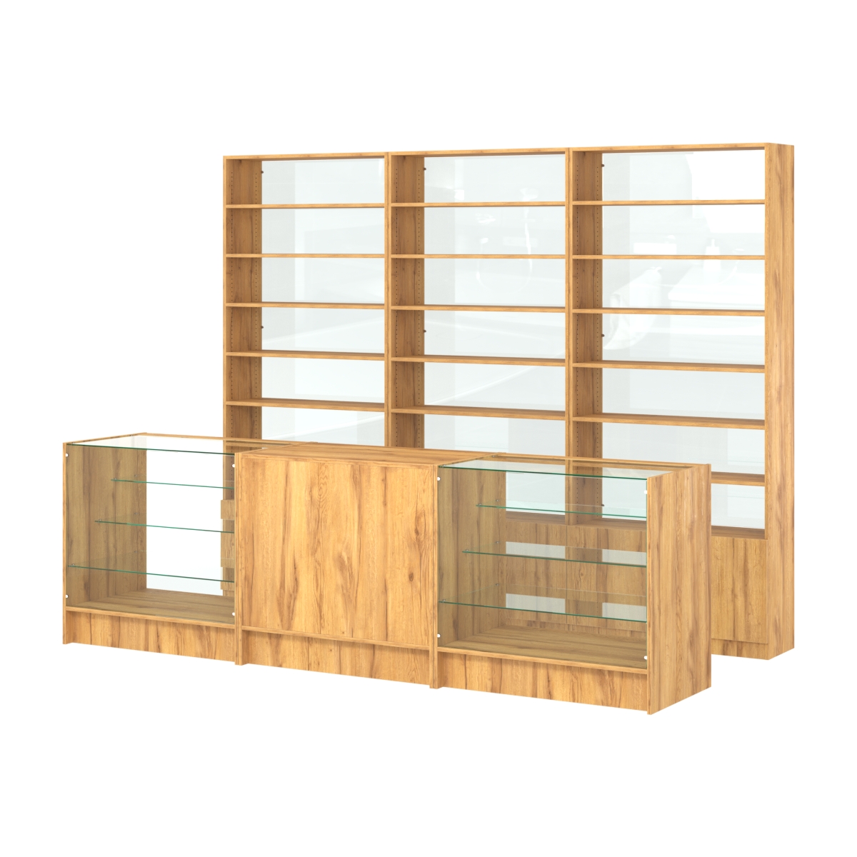 Комплект стеллажей с прямыми полками ДСП LE-6 №12-1 и прилавков ЭК-04 Дуб Золотистый