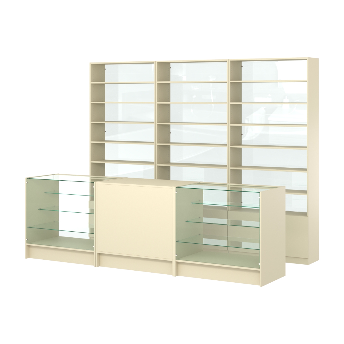 Комплект стеллажей с прямыми полками ДСП LE-6 №12-1 и прилавков ЭК-04 Крем Вайс