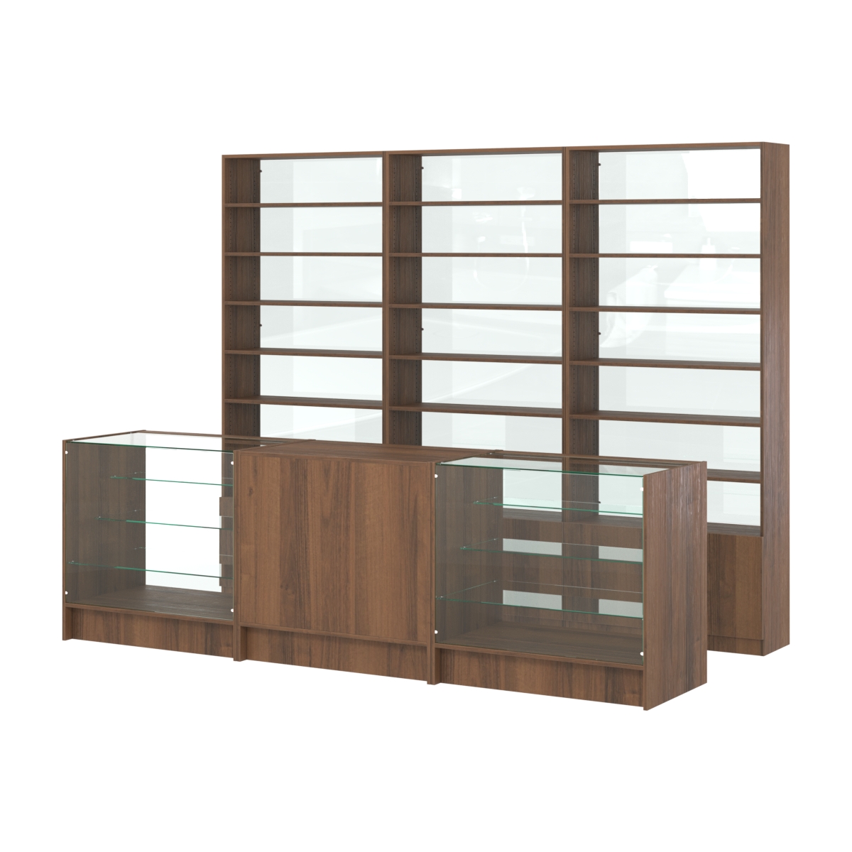 Комплект стеллажей с прямыми полками ДСП LE-6 №12-1 и прилавков ЭК-04 Орех