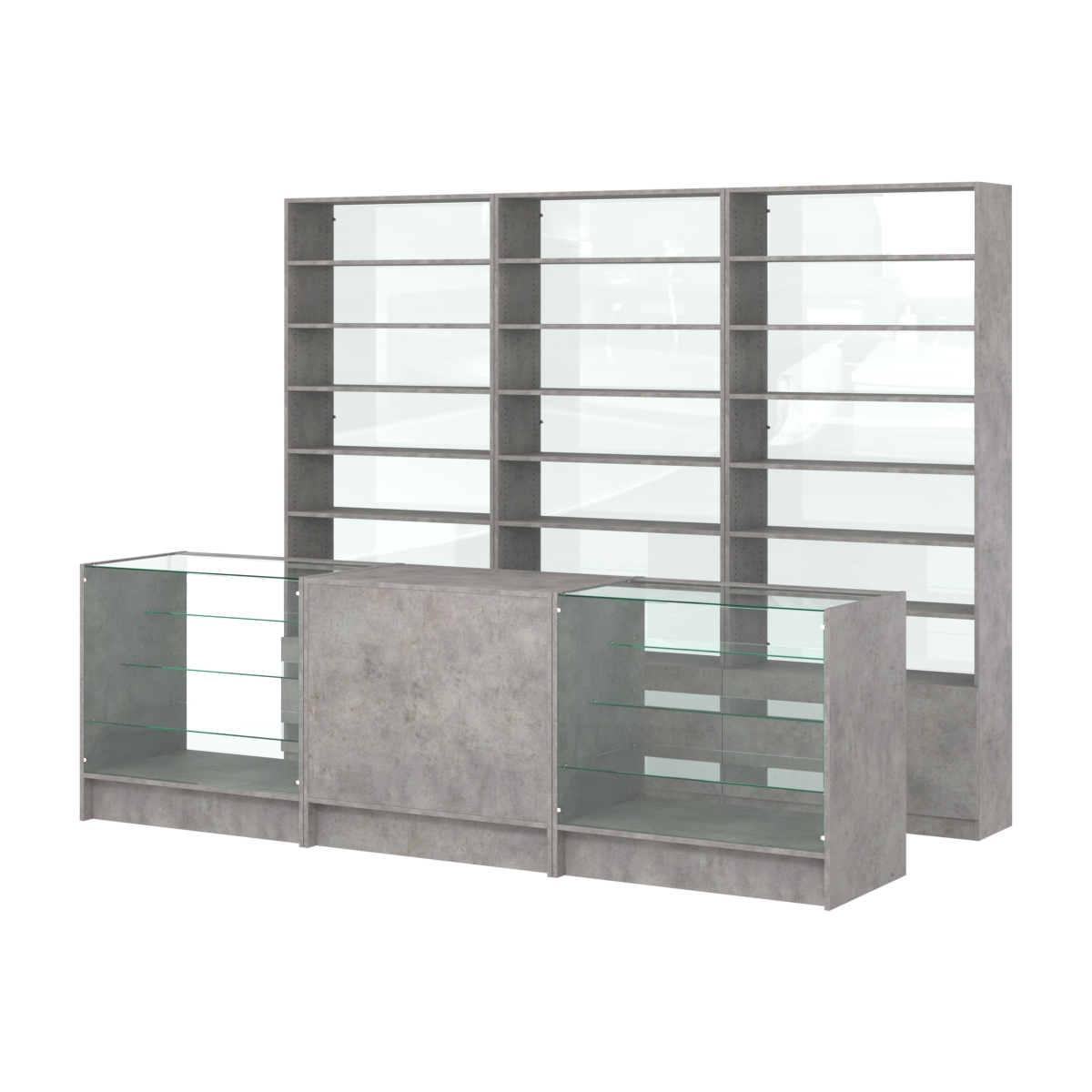 Комплект стеллажей с прямыми полками ДСП LE-6 №12-1 и прилавков ЭК-04 Бетон Чикаго светло-серый F186 ST9