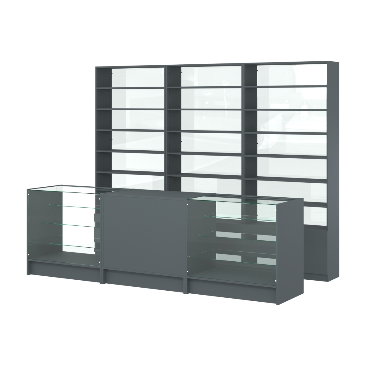 Комплект стеллажей с прямыми полками ДСП LE-6 №12-1 и прилавков ЭК-04 Темно-Серый